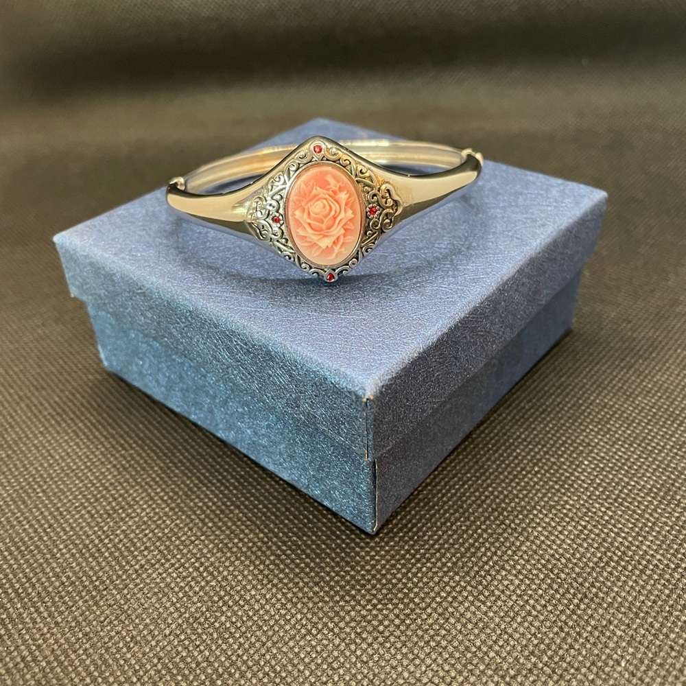 Pink Austrian crystal carved cameo bangle bracelet